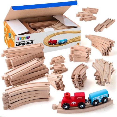 Wooden Train Tracks - 52 PCS Wooden Train Set for Kids Plus 2 Bonus Toy Trains - Play22USA