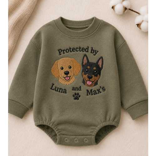 Personalized Dog Embroidered Baby Romper, Protected By Luna and Max Puppy Outfit, Custom Name Baby Gift for Newborn Baby Clothes