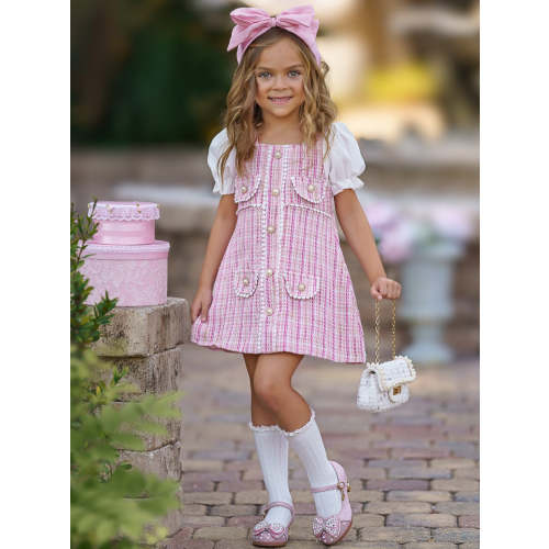 Girls Preppy Chic Dresses | Pink Plaid Pearl Dress | Mia Belle Girls