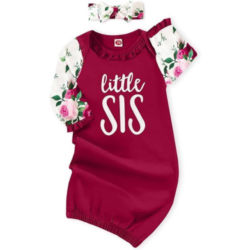 AMAWMW Newborn Baby Girl Little Sister Sleeper Gown Stripe Long Sleeve Nightgown Pajamas Gifts Stuff Essential Outfit
