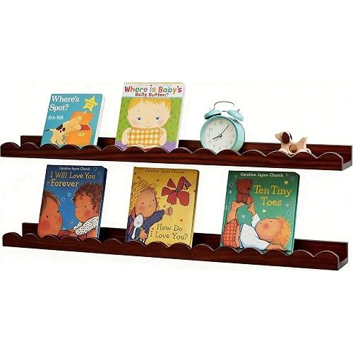Conamily Walnut Scalloped Book Shelf, Dark Wood Nursery Book Shelves Set of 2 Pine Wooden Floating Bookshelf for Wall Cloud Picture Ledge Shelf for Kids Bedroom Baby Child Toddler Room Kitchen(90cm)