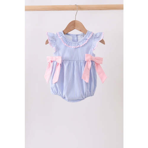 Blue Stripe Bow Seersucker Ruffle Bubble