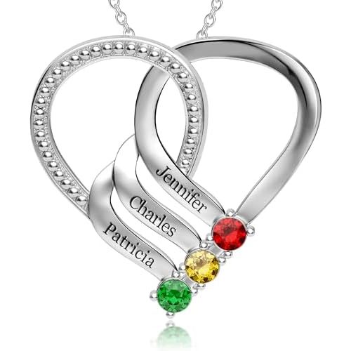 Easycosy Custom Name Necklace with Birthstones Birthday Gifts for Mom, Wife, Customized Promise Necklace Heart Pendant with Engraved 2-6 Names - Birthday Jewelry Gifts for Women Grandma Her