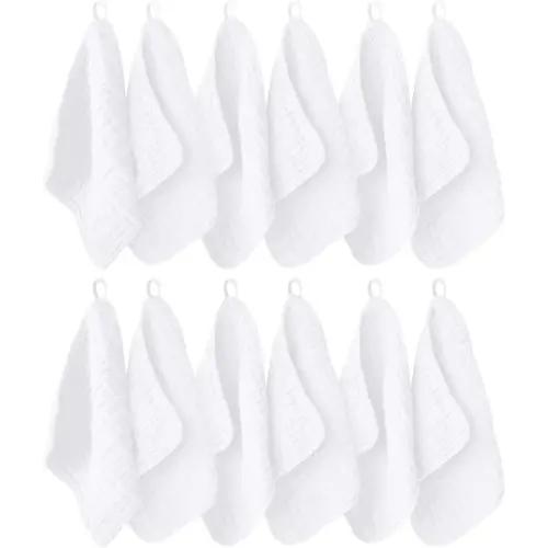 12 Pack Muslin Washcloths for Baby - 100% Cotton Baby Wash Cloths for or Baby Face Body Comfy and Soft for Newborn Infants Kids Girls and Boys - 12"x12" - White