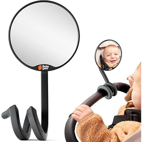 Baby Uma Stroller Mirror for Baby - 100% Shatterproof Clamp On Mirror, Universal with Tight-Grip Silicone Leg, Easy On 'n Off, Stroller Accessories (⌀ 3.8 in)