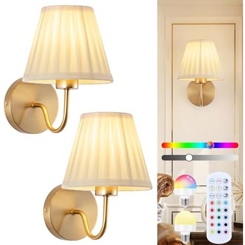 Vintage Battery Operated Wall Sconces Set of 2, Pleated Fabric Shade Gold Wall Lamp with Remote Control, Cordless Rechargeable Wall Sconces Fixtures for Bedroom, Living Room, Beside (2 Bulbs Included)