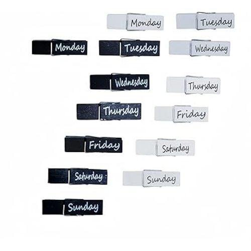 14 PCs Black and White Magnetic Wooden Clips with Days of The Week Fridge Magnets Set, Whiteboard Magnet Clips for Refrigerator, Crafts, Calendars, Home, Kitchen, Locker and Office Use