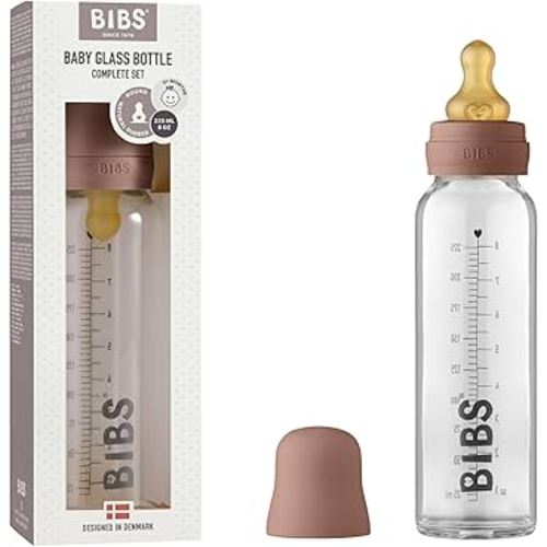 BIBS Baby Glass Bottle. Anti-Colic. Round Natural Rubber Latex Nipple. Supports Natural Breastfeeding, Complete Set - 225 ml, Woodchuck