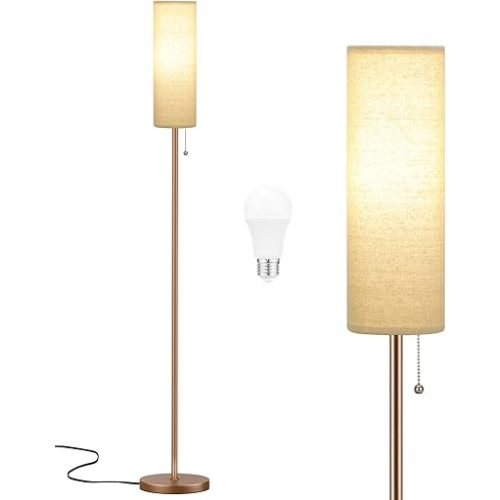 Ambimall Floor Lamp for Living Room with 3 Color Temperatures Bulb, 64" Standing lamp with Linen lampshade for Bedroom, Minimalist Pole Lamp, Dark Beige Shade & Brown Pole