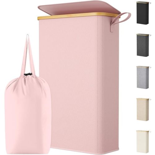 Lifewit 65L Slim Laundry Hamper with Lid, Narrow Laundry Basket with Removable Bag & Bamboo Handles, Fodable Thin Dirty Clothes Hamper for Laundry Collapsible Bin for Bathroom Bedroom Dorm, Pink