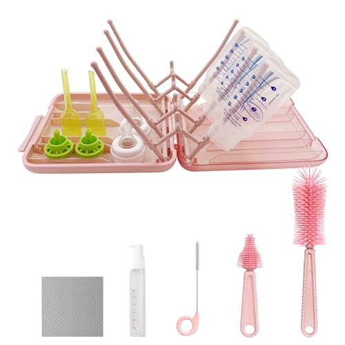 Baby Bottle Brush, 7 in 1 Travel Bottle Cleaner Kit with Silicone Bottle Brush, Nipple Brush, Straw Brush, Soap Dispenser, Bottle Drying Rack, Dishcloths, Portable Essentials for Home and Travel-Pink