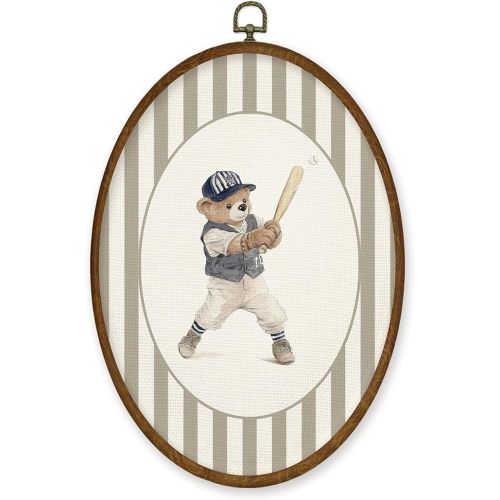WULQYING Vintage Bear Playing Baseball Wall Art Decor, Nursery Sports Oval Framed Canvas Art Prints, Country Toddler Striped Sports Wall Hanging Decor for Home Playroom Boys Bedroom,8.6x11.4 Inches