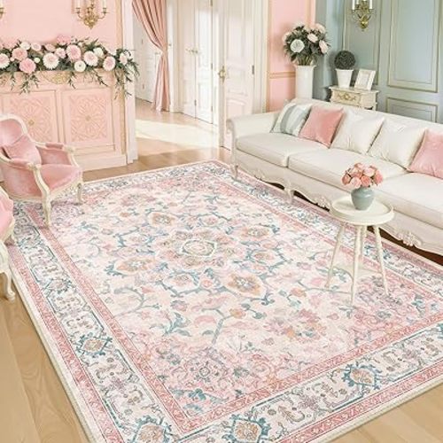 CAPALOCA 6x9 Washable Nursery Girls Low Pile Area Rug Pink Teal