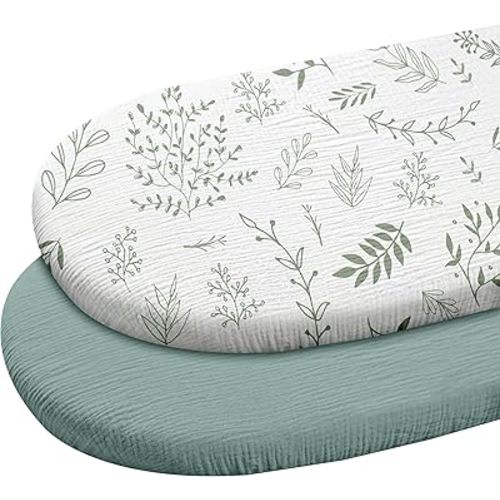 Muslin Bassinet Fitted Sheets, 2 Pack for Baby Boy and Girl, Soft Breathable Stretchy Baby Pad/Mattress Sheet Set, Universal Fit for Hourglass Oval and Rectangle Bassinet Mattress (Bright Leaves)