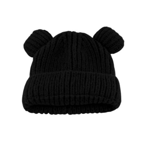 Zwiiyzr Cute Bear Baby Beanie Pompom Baby Boys Fleece Lined Hat Infant Toddler Winter Knitted Beanies for Girls Boys 1-6 Years Black