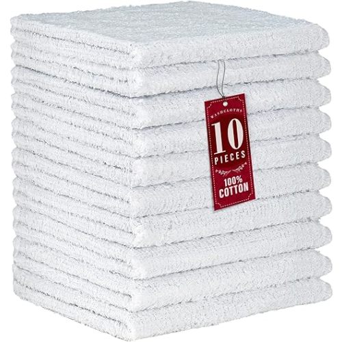 DecorRack 10 Pack 100% Cotton Wash Cloth, Luxurious Soft, 12 x 12 inch Ultra Absorbent, Machine Washable Premium Quality Washcloths, White (10 Pack)
