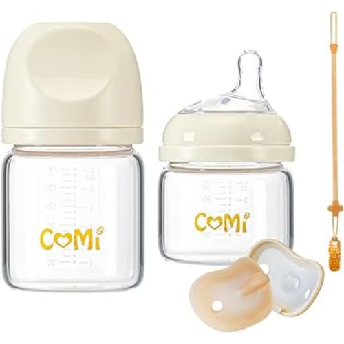 COMI Natural Glass Baby Bottles for Breastfeeding Babies,Newborn Anti-Colic Baby Bottle Set with Slow Flow Nipple,0-3 Months,BPA-Free,4 oz and 6 oz,2 Pack