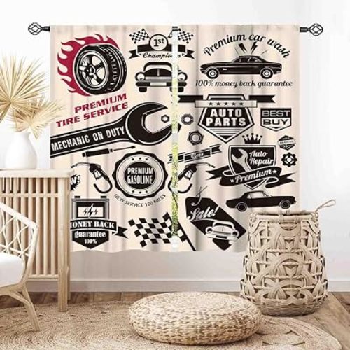 Garage Curtains, Retro Vintage Man Cave Repair Vehicle Garage Tools Shed Workshop Car Themed Room Decor Window Drapes Treatments for Boys Men Teen Bedroom Living Room 2 Panels Set, 42"x45" Inch