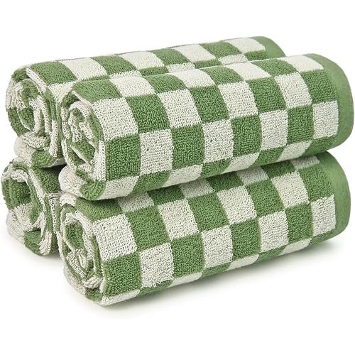Jacquotha Wash Cloths Checkered 4 Pack (Green) - Cotton Washcloths for Face Body, 13 x 13 Inches Daily Cleansing Kitchen Towels
