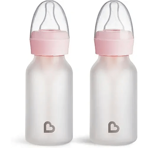 Munchkin Bond Silicone Coated Glass Baby Bottles - Anti-Colic Feeding System with Natural Feel Nipples, 4 Ounce, 2 Pack, Pink