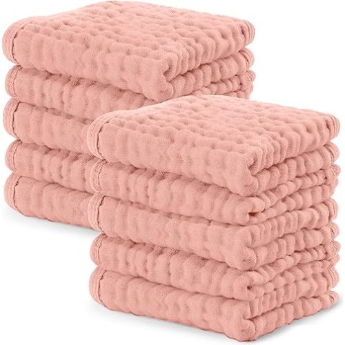 Comfy Cubs Muslin Baby Washcloths 10 Pack - Soft 6-Layer Cotton Wash Cloths for Sensitive Skin - 10"x10" Large, Gentle, Absorbent Infant Essentials for Newborn and Toddlers - Bold Blush