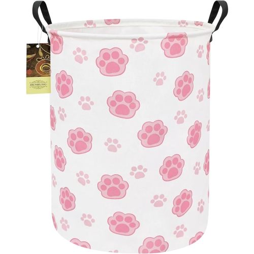 HUNRUNG Laundry Hamper,Large Canvas Fabric Lightweight Storage Basket Toy Organizer Dirty Clothes Collapsible Waterproof for College Dorms(Round-Pink Paw)