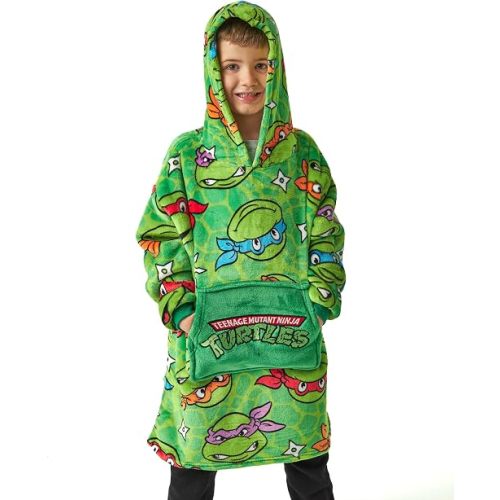 TEENAGE MUTANT NINJA Turtles Boys Wearable Hooded Blanket | Green All Over Print Fleece Hoodie | Pullover Cartoon Loungewear