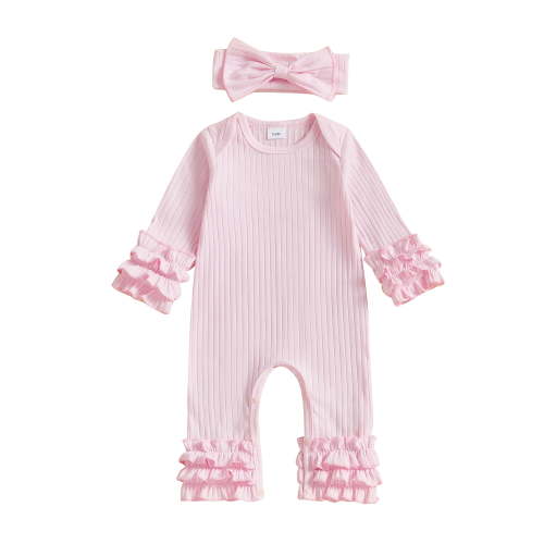 BemeyourBBs Preemie Baby Girl Spring Summer Fall Winter Clothes Baby Girl Newborn Hospital Going Home Outfit Ribbed Romper Solid Color Ruffled Long Sleeve Full Length Jumpsuit with Bow Headband