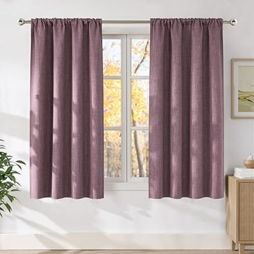 NICETOWN Greyish Purple Faux Linen Room Darkening Rod Pocket Curtains 63 inch Length, W42 x L63, Light Blocking Thermal Insulated Noise Reducing Drapes for Bedroom Farmhouse Decor, 2 Panels