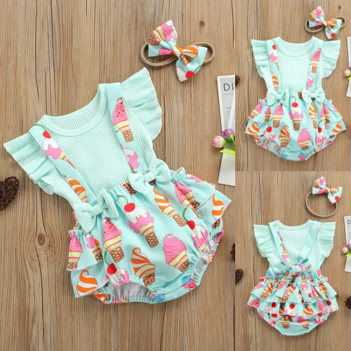 3Pcs Newborn Baby Girls Clothes Set Ruffle Romper Tops Shorts Headband Outfits