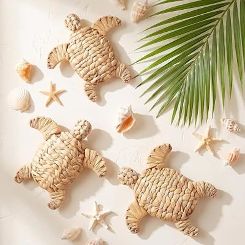 Threehoney 3 Pcs Sea Turtle Beach Theme Decor 3 Size Handmade Wicker Turtle Wall Decor Sea Life Hanging Wall Art Coastal Nautical Sculpture Table Decoration for Boho Bathroom Indoor Outdoor Ornament