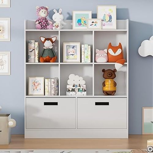 8 Cube Kids Bookshelf with Fabric Drawers, 3-Tier Wooden Open Shelf Bookcase, Freestanding Book Shelves, Kids Bookcase Cubby Storage Organizer for Bedroom, Living Room, Office, White
