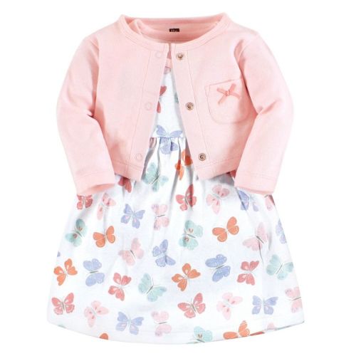 Hudson Baby Baby and Toddler Girl Cotton Dress and Cardigan Set, Pastel Butterfly, 0-3 Months