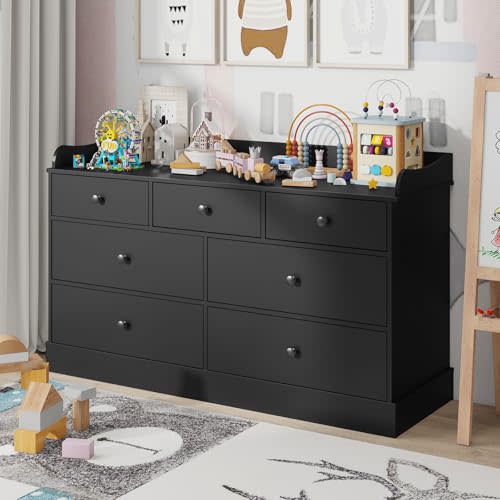 Vabches Kids Dresser Cabinet with 7 Drawers, Changing Table for Nursery, White Chest of Drawers, Baby Dresser, Kids Bedroom Furniture, Nightstand for Child’s Room, Black