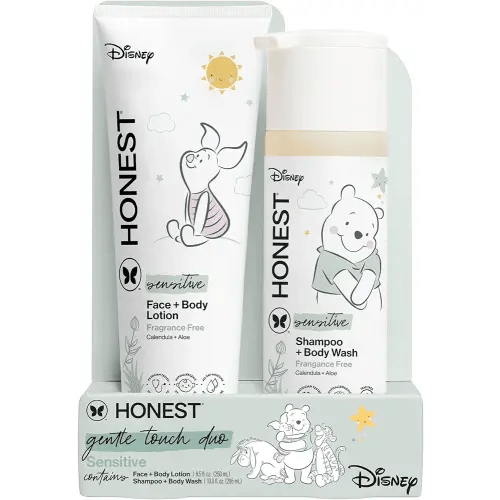 The Honest Company 2-in-1 Cleansing Shampoo and Body Wash, Face Lotion Bundle, Disney Design, Gentle for Baby, Dermatologist Tested, Sensitive Fragrance-Free, 18.5 fl oz