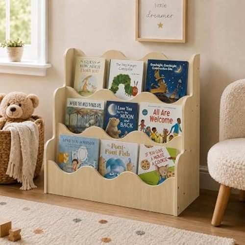 NACHES 3-Tier Montessori Bookshelf for Kids - Wooden Front-Facing Book Display Rack with Wave Design, Toy Organizer for Toddler Nursery, Bedroom, Classroom & Playroom, Middle Natural