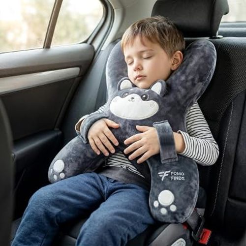 Kids Car Sleeping Pillow, H-Shaped for Neck & Back Support, Grey Dog