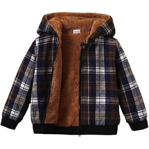 Voonlie Toddler Boys Plaid Fleece Lined Hooded Jacket Zip Up Winter Coat | Sherpa Fleece Lined Hooded Jacket with Full Zip Closure and Ribbed Cuffs, Perfect for Fall, Winter, and Everyday Wear