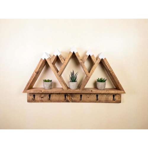 5 Peak Wood Mountain Shelf with Hooks – Rustic Wall Shelf for Nursery, Entryway, S63