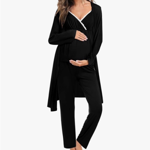 SWOMOG Maternity Nursing Robe Set 3 Piece Breastfeeding Pajamas 3 in 1 Labor Delivery Sleevless Tops&Long Pants Pregnancy Pjs