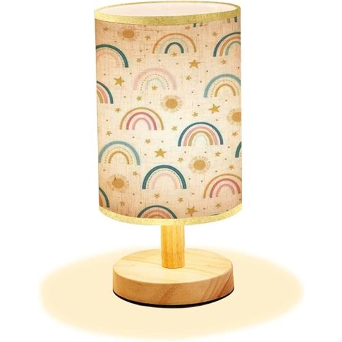 Minimalist Bedside Table Lamp Colorful Rainbow Stars Seamless Wood Nightstand Lamp Bedside Desk Lamp Wood Base Flaxen Fabric Shade for Bedroom Living Room