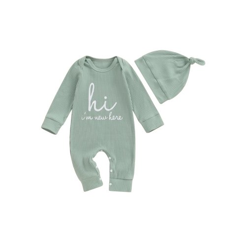 ZINTAOZT Newborn Baby Boys Coming Home Outfits New Here Long Sleeve Romper Ribbed Jumpsuit Hat Set Spring Fall Clothes