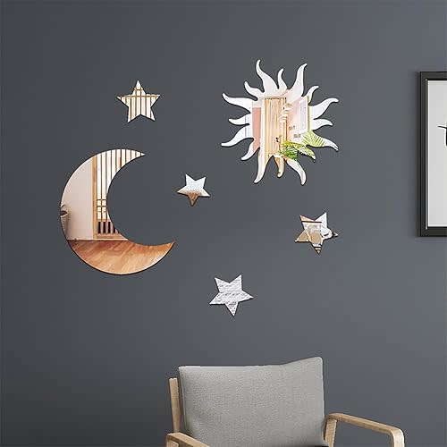 6PCS Modern Minimalist Mirror Star Sticker Decor,Acrylic Stars Decals,Sun & Moon Decals for Baby Kids Children's Room, Wall, Door, Shelf Decoration