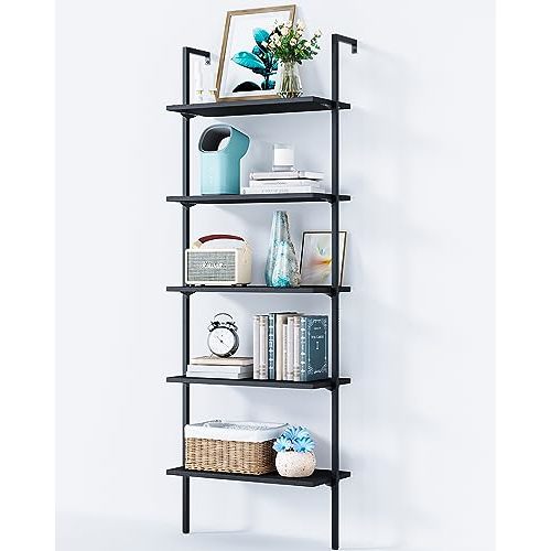 ODK 5-Tier Ladder Shelf, Book Shelf with Metal Frame, Bookcase for Living Room, Home Office, Kitchen & Bedroom, Space Saving Freestanding Organizer Rack, Black (10" D x 24" W x 74" H)