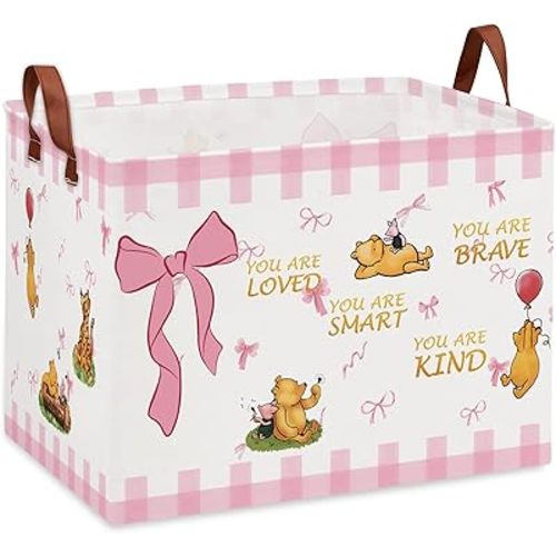 Pink Bow Bear Nursery Decor,Baby Hamper,Foldable Large Bear Laundry Basket,Waterproof PE Coating Storage Basket for Bathrooms,Bedrooms,Store Clothes,Toys