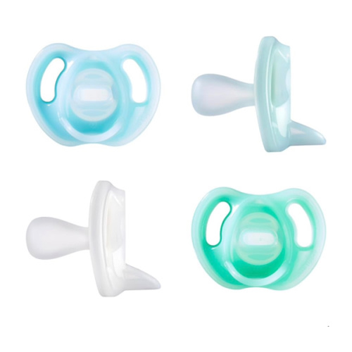 Tommee Tippee Ultra-Light Silicone Pacifier, 0-6 Months, Symmetrical One-Piece Design, BPA-Free Silicone Binkies, Blue/Green/Clear, Pack of 4