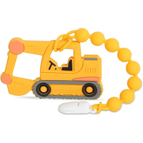 Baby Construction Vehicles Teething Toys,Food Grade Silicone Teether with One-Piece Pacifier Clip Holder,Best Shower Gift for 3 Months+ Boy and Girl,BPA Free,Freezer Safe. (Excavator)