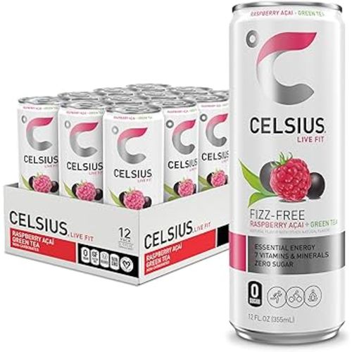 CELSIUS Raspberry Acai Green Tea, Functional Essential Energy Drink 12 Fl Oz (Pack of 12) Packaging may vary