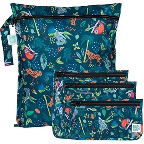 Bumkins - Waterproof Wet Bag & Clear Travel Bags - For Beach, Baby, Travel, Swim Suit, Cloth Diapers, Pump Parts, Pool, Gym, Toiletries - Reusable & Easy to Clean - Jungle - 4 Pack