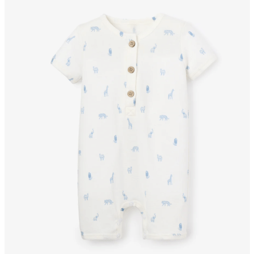 Blue Safari Print Organic Cotton Pointelle Baby Romper – Elegant Baby
